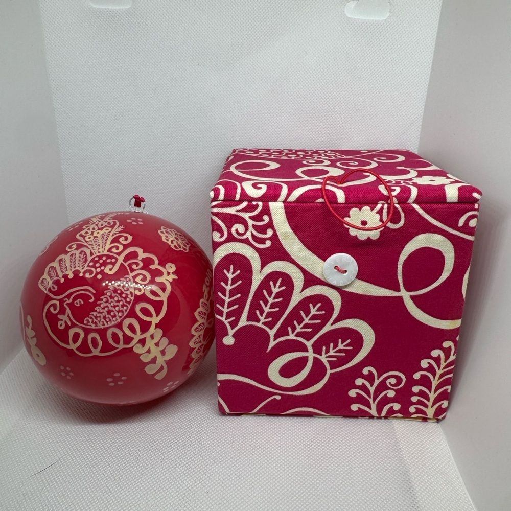 Vera Bradley Twirly Birds Pink Glass Ball Ornament In Fabric Box Retired 2010